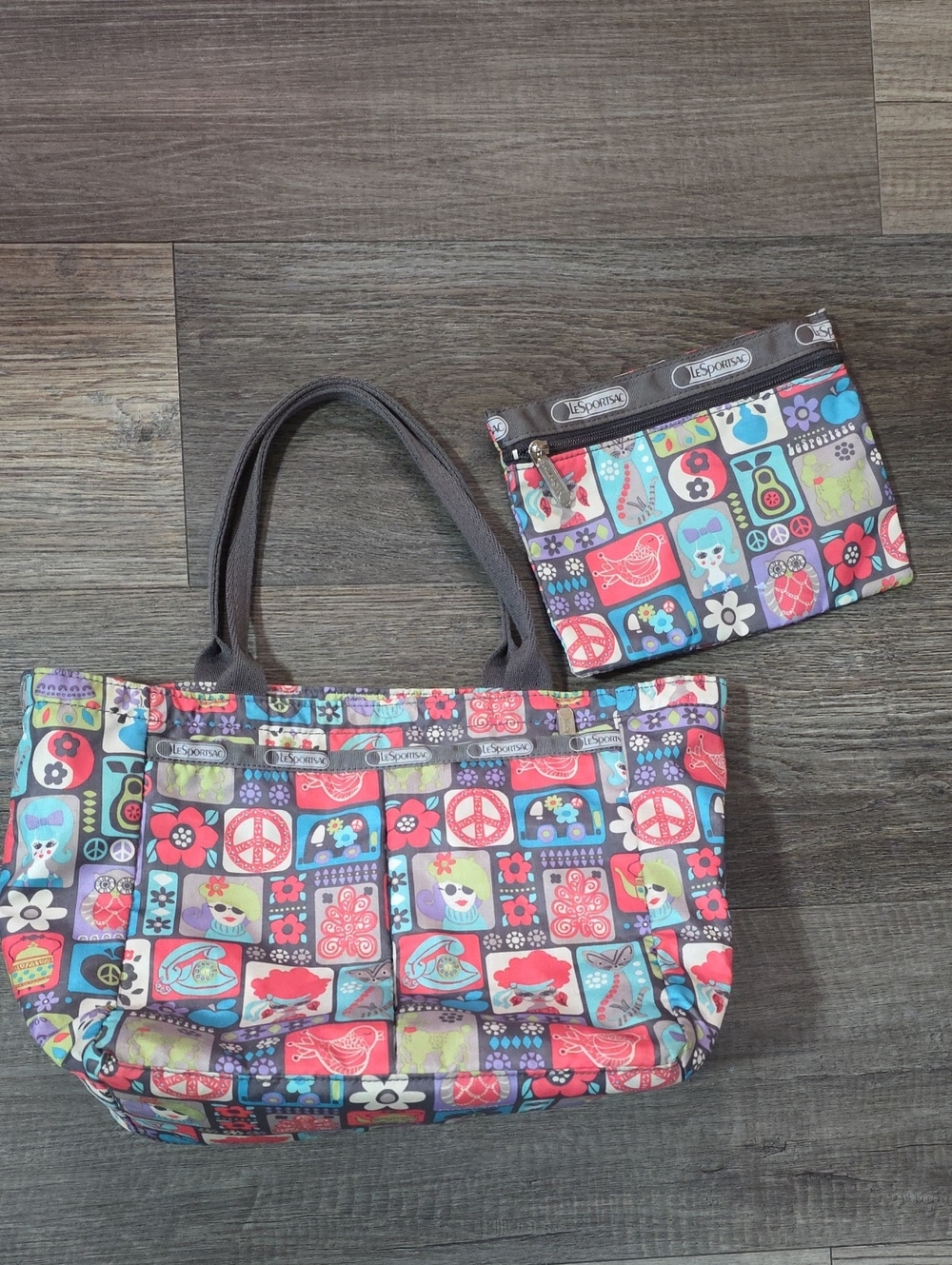 Lesportsac Multi-Color Floral & Peace Sign Nylon Tote